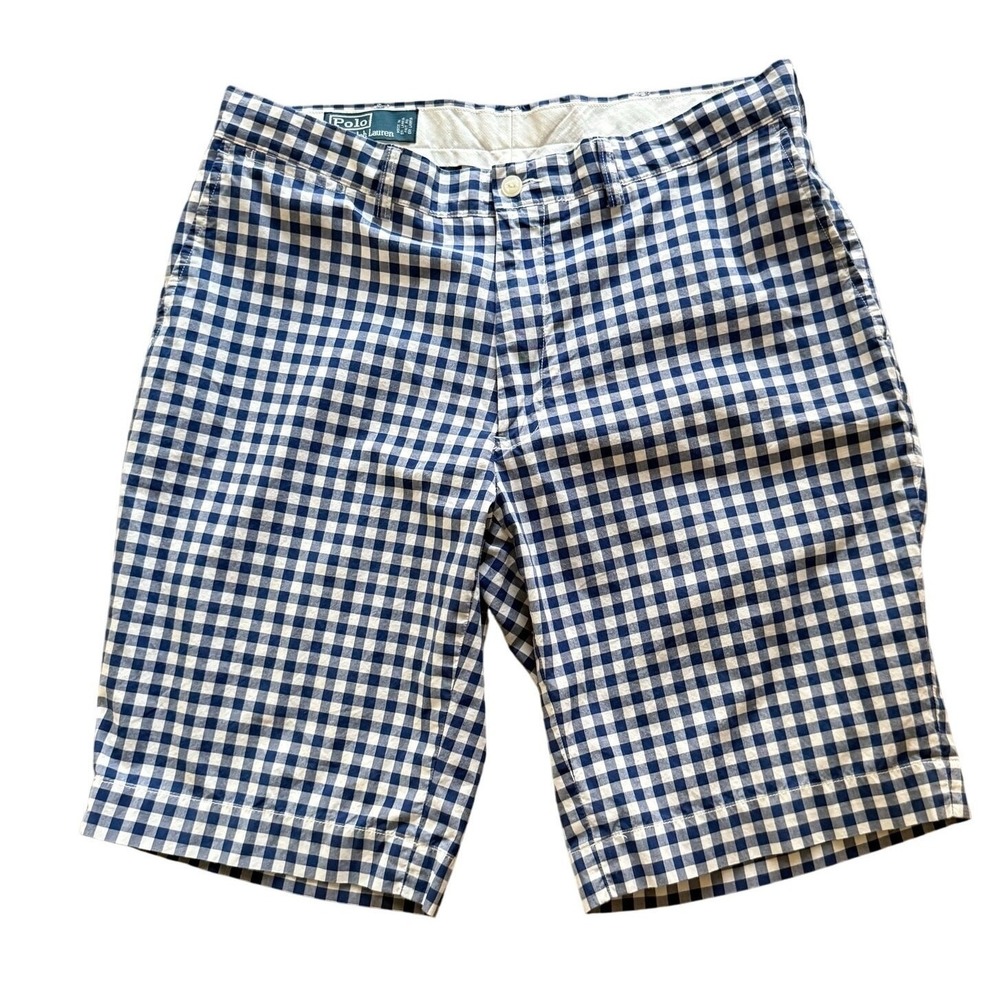 Polo Ralph Lauren Men Blue & White Gingham Checkered Plaid Shorts Fishing Golf